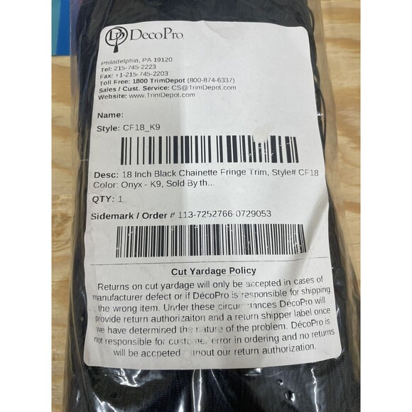 Chainette Fringe Trim, Style# CF18, Color# K9 -‎ Pure Black 11 yards - Picture 2 of 4